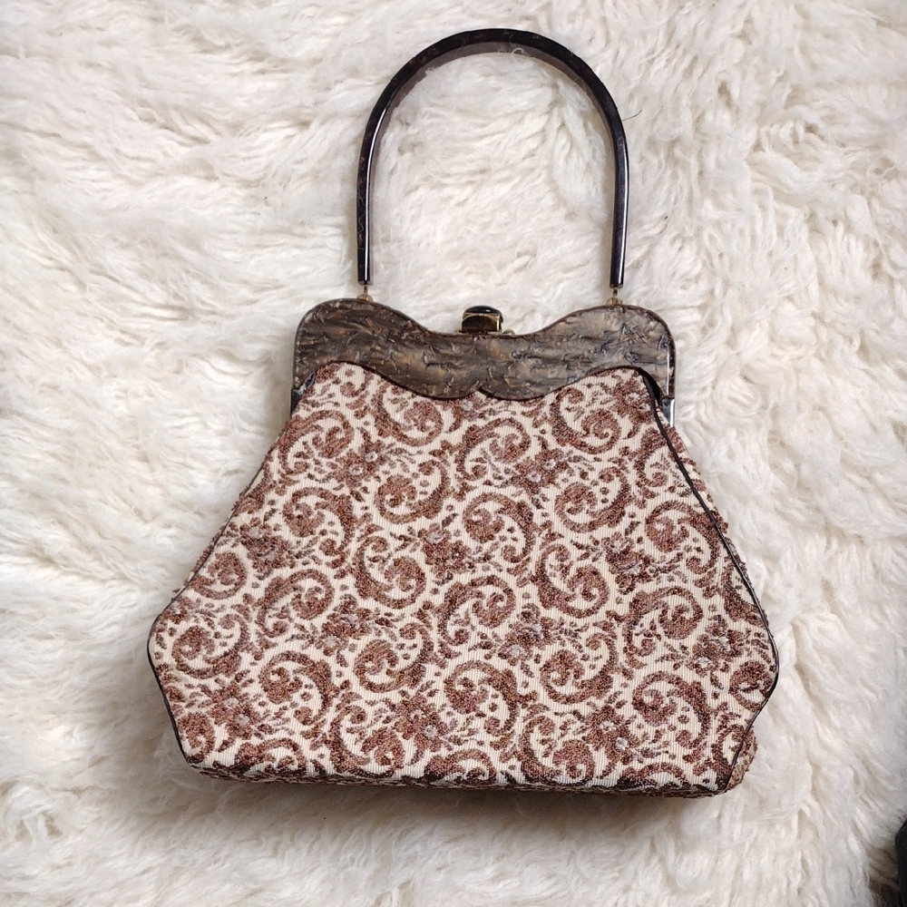 Brown Floral Clutch with Metal Frame